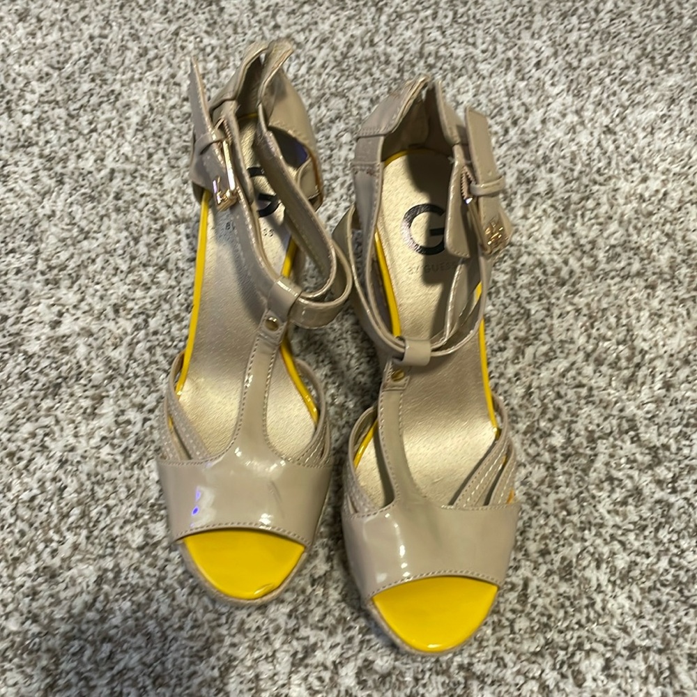 G by Guess wedge sandal.  Size 10.  Color is tan and yellow.  Wedge is 5 inches.